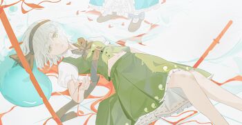 Rule 34 | 2girls, absurdres, black bow, black bowtie, black hairband, black shoes, blood, blood on hands, blue kimono, bow, bowtie, chinese commentary, collared shirt, commentary request, dying, frilled skirt, frills, green eyes, green skirt, green vest, grey hair, hairband, highres, hitodama, hitodama print, japanese clothes, katana, kimono, konpaku youmu, konpaku youmu (ghost), li meng shan, multiple girls, planted, planted sword, pool of blood, puffy short sleeves, puffy sleeves, saigyouji yuyuko, shirt, shoes, short sleeves, skirt, skirt set, solo focus, sword, touhou, vest, weapon, white shirt
