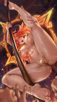 1girl :d absurdres alternate_costume anklet bikini breasts commentary english_commentary feet fortune_bikini from_below genshin_impact highres jewelry large_breasts long_hair looking_at_viewer looking_down mavuika_(genshin_impact) micro_bikini multicolored_hair navel navel_piercing open_mouth orange_eyes orange_hair paid_reward_available pasties patreon_username piercing pole queasy_s red_hair smile solo_focus stomach stripper_pole swimsuit thighs toes