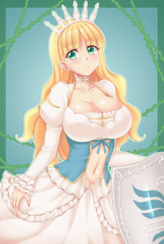 1girl blonde_hair breasts center_opening choker clalaclan_philias cleavage commentary_request cross crown dress earrings frilled_dress frilled_sleeves frills green_eyes highres hime_cut holding holding_shield jewelry large_breasts light_smile long_hair long_sleeves navel princess puffy_sleeves ribbon shield shining_(series) shining_wind simple_background single_earring solo standing thorns utomo very_long_hair white_choker white_crown white_dress