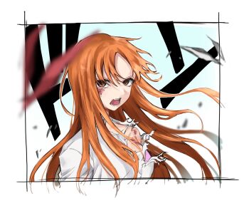 1girl 2022 angry bare_shoulders battle_damage bleach blood blouse border breasts brown_eyes inoue_orihime long_hair looking_at_viewer open_mouth orange_hair parted_bangs shirt shun_shun_rikka simple_background tongue torn_clothes ui_1231 upper_body wavy_hair white_border