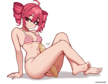 1girl :3 ahoge arm_support baguette barefoot between_thighs bikini blush bread breasts collarbone crossed_legs drill_hair food kasane_teto kuroonehalf long_hair looking_at_viewer medium_breasts navel red_bikini red_eyes red_hair sitting smile striped_bikini striped_clothes swimsuit twin_drills underboob utau vocaloid white_background