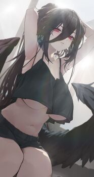 1girl armpits arms_up black_hair black_shirt black_shorts black_wings blue_archive breasts closed_mouth commentary_request crop_top crop_top_overhang feathered_wings hair_between_eyes hasumi_(blue_archive) highres large_breasts lizard_m00 long_hair long_hair_between_eyes looking_at_viewer low_wings mole mole_under_eye navel oversized_wings red_eyes shirt shorts sitting solo underboob very_long_hair wings