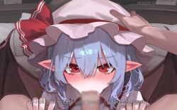 1boy 1girl :>= absurdres animated ascot audible_speech bat_wings blue_hair blush bow cum cum_in_mouth deepthroat ejaculation embodiment_of_scarlet_devil erection fellatio hair_bow hair_ornament hat hat_bow hat_ribbon henkawa hetero highres holding irrumatio japanese_audio live2d looking_at_viewer moaning mob_cap oral penis pointy_ears pov red_eyes remilia_scarlet ribbon short_hair sound sweat tagme touhou video wings