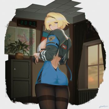 1girl absurdres black_jacket black_pantyhose blonde_hair blue_eyes blue_skirt breasts commentary cowboy_shot from_behind girls&#039;_frontline girls&#039;_frontline_2:_exilium highres jacket large_breasts looking_at_viewer looking_back map nikketa_(girls&#039;_frontline_2) nishibuya pantyhose russian_text short_hair skirt smile solo thighband_pantyhose twitter_username vsk-94_(girls&#039;_frontline)