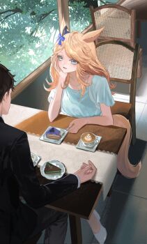 Rule 34 | 1boy, 1girl, animal ears, black jacket, black pants, blonde hair, blue eyes, blue shirt, cake, cake slice, chair, commentary request, ear ornament, food, formal clothes, gold city (umamusume), happy birthday, hasegawamorito, head rest, high heels, highres, holding, holding spoon, horse ears, horse girl, horse tail, jacket, jewelry, latte art, looking at another, necklace, on chair, open mouth, pants, pearl necklace, plate, shirt, shoes, short sleeves, sitting, spoon, suit, swept bangs, tail, trainer (umamusume), umamusume, white shoes