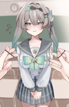 1girl 1other @_@ alternate_hairstyle analog_clock aqua_bow aqua_bowtie black_hairband blurry blurry_background bow bowtie breasts buttons chalkboard classroom clock commentary_request cowboy_shot double-breasted fingernails firefly_(honkai:_star_rail) firefly_(spring_missive)_(honkai:_star_rail) flying_sweatdrops gradient_hair green_hair grey_hair grey_sailor_collar grey_skirt hair_between_eyes hair_bow hair_intakes hair_ornament hair_tie hairband hairclip highres holding holding_hair_tie honkai:_star_rail honkai_(series) impossible_clothes impossible_shirt indoors large_breasts long_fingernails long_hair long_sleeves looking_at_viewer multicolored_hair name_tag official_alternate_costume open_mouth own_hands_together plaid_bow plaid_bowtie plaid_clothes plaid_skirt pov pov_hands purple_eyes sailor_collar sakusaku_(616saku) school_uniform serafuku shirt skirt solo_focus twintails variant_set wall_clock white_shirt