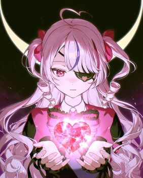 1girl absurdres ahoge blouse bow bowtie collared_shirt commentary crescent drill_hair eyepatch frilled_bow frills glowing_gem gradient_background hair_bow hashtag-only_commentary heart heart_ahoge highres long_hair looking_down maria_marionette multicolored_hair necktie nijisanji nijisanji_en object_floating_above_hand open_hands parted_lips pink_bow pink_bowtie pink_eyes pink_hair pink_necktie pink_shirt purple_hair shirt solo spread_fingers streaked_hair symbol-only_commentary two_side_up virtual_youtuber white_shirt zzangto