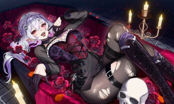 1girl alchevic_(vtuber) belt black_belt black_boots black_gloves black_lips boots braid breasts candle coffin colored_inner_hair crossed_legs earrings floral_print gloves grey_hair hair_ornament hairpin half_gloves highres indie_virtual_youtuber jewelry knee_boots lace-up_boots long_hair lying multicolored_hair on_back pantyhose pointy_ears purple_eyes purple_hair red_eyes rose_print sakichka skull smile solo thigh_belt thigh_strap torn_clothes torn_pantyhose virtual_youtuber