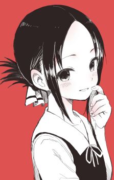 Rule 34 | 1girl, :d, absurdres, blush, close-up, collarbone, female focus, fingernails, folded ponytail, hair ribbon, hand on own face, highres, kaguya-sama wa kokurasetai ~tensai-tachi no renai zunousen~, looking at viewer, monochrome, open mouth, parted bangs, red background, ribbon, school uniform, shinomiya kaguya, short hair, short sleeves, simple background, sketch, smile, solo, tareme, upper body, yamamoto souichirou