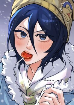 1girl beanie black_hair bleach blue_eyes blush candy eating food fur_trim hat highres hood kuchiki_rukia lollipop monkey oms_oe short_hair snow solo winter_clothes