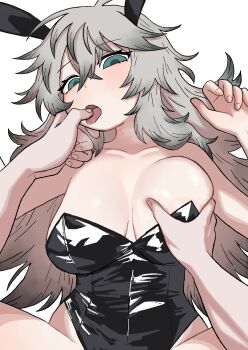 1boy 1girl alternate_costume animal_ears black_leotard black_survival breasts commentary_request eternal_return:_black_survival fake_animal_ears finger_in_another's_mouth fingernails green_eyes grey_hair groping highres katja_(black_survival) kms2605 korean_commentary large_breasts leotard messy_hair open_mouth playboy_bunny pov rabbit_ears