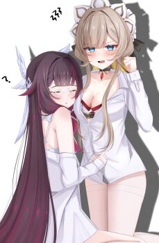 2girls ? black_choker black_hair blue_eyes blush breasts brown_hair choker cleavage closed_eyes collarbone collared_shirt columbina_(genshin_impact) commentary_request fang genshin_impact hair_ornament hand_up highres komor_yuki long_hair medium_breasts multiple_girls open_mouth parted_lips sandrone_(genshin_impact) shadow shirt skin_fang undressing_another very_long_hair white_shirt wing_hair_ornament yuri