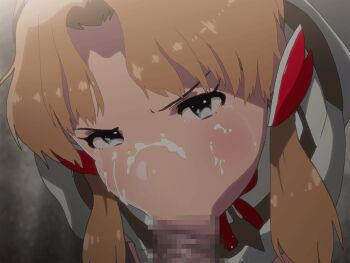 Rule 34 | 1girl, :>=, animated, animated gif, armor, blonde hair, blue eyes, blush, boukoku no otome kishi, bukkake, censored, cum, cum in mouth, cum on body, cum on upper body, cumdrip, ejaculation, facial, fellatio, gokkun, hair ornament, indoors, nighthawk (circle), oral, penis, princess, short hair, swallowing, tears