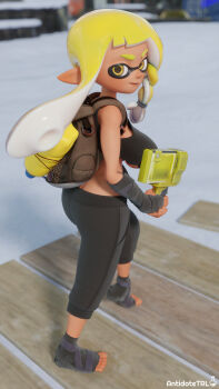 1girl 3d agent_3_(splatoon_3) antisplat artist_name asymmetrical_hair bag black_bandages blonde_hair braid closed_mouth commentary english_commentary eyebrow_cut feet fingerless_gloves gloves hero_shot_(splatoon_3) highres holding ink_tank_(splatoon) inkling nintendo pants pointy_ears side_braid single_braid smile splatoon_(series) splatoon_3 suction_cups tentacle_hair toeless_legwear toes torn_clothes veronika_(splatoon) yellow_eyes