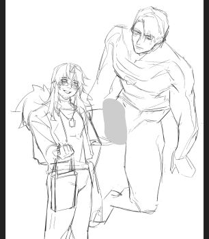 2boys absurdres alternate_costume asymmetrical_bangs bag beard_stubble blush bodysuit bomber_jacket censored closed_mouth collarbone covered_abs covered_collarbone covered_pectorals cropped_legs dog_tags eyes_visible_through_hair facial_hair feet_out_of_frame fur-trimmed_jacket fur_trim glasses gregor_(project_moon) greyscale hair_intakes hand_in_pocket hand_up handbag head_tilt highres holding holding_bag jacket jewelry jing84672940 large_pectorals limbus_company long_hair long_sleeves looking_at_viewer looking_to_the_side looking_up male_focus meursault_(project_moon) monochrome multiple_boys multiple_views muscular muscular_male necklace open_clothes open_jacket pants parted_bangs parted_lips pectorals project_moon r_corp._(identity)_(project_moon) shirt shopping_bag short_hair simple_background sitting sketch skin_tight smile standing stubble sweatdrop sweater tight_clothes toned toned_male turtleneck turtleneck_bodysuit turtleneck_sweater unfinished upper_body white_background yaoi