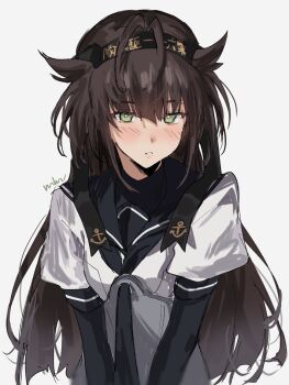 1girl alternate_hairstyle anchor_symbol aogisa black_gloves black_hair black_headband black_sailor_collar clothes_writing gloves grey_eyes hair_flaps hatsuzuki_(kancolle) headband highres kantai_collection long_hair sailor_collar sailor_shirt shirt simple_background solo upper_body white_background white_shirt