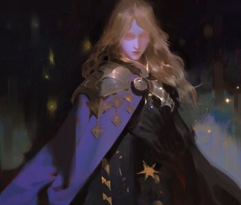 1girl armor blonde_hair blurry blurry_background brooch cloak highres jewelry lips looking_at_viewer nose original robe shoulder_armor wizard yuming_li