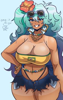 1girl bad_id bad_twitter_id bikini blue_eyes bracelet brazilian_flag brazilian_miku breasts cleavage cowboy_shot cross cross_necklace curvy dark-skinned_female dark_skin denim denim_shorts ear_piercing earrings eyewear_on_head flower green_hair green_nails grin hair_between_eyes hair_flower hair_ornament hand_on_own_hip hatsune_miku highleg highres hoop_earrings jewelry large_breasts long_hair looking_at_viewer majimagaming1 multicolored_hair navel necklace piercing red_flower shirt short_shorts shorts smile solo south_america strapless sunglasses swimsuit tan tanline thick_thighs thighs thong tube_top twintails very_long_hair vocaloid wide_hips yellow_nails