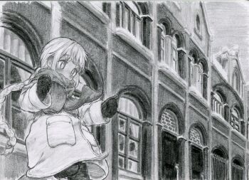 Rule 34 | 1girl, architecture, braid, building, coat, commentary request, commission, graphite (medium), greyscale, highres, irogawara naomitu, long braid, long hair, monochrome, original, outdoors, scarf, skeb commission, snow, traditional media, winter, winter clothes