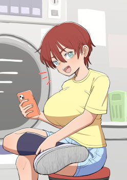 1girl :d black_socks blue_eyes breasts brown_hair cellphone commentary_request denim denim_shorts gouhourairaku_(goohourairaku) highres large_breasts laundromat looking_at_viewer on_stool open_mouth original phone shirt shoes short_hair short_shorts shorts sitting smile socks solo talking washer yellow_shirt