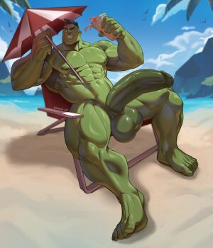 Rule 34 | 1boy, abs, absurdres, bara, beach, beach chair, beach umbrella, colored sclera, colored skin, commentary, completely nude, cup, english commentary, erection, gigantic penis, green eyes, green sclera, green skin, grin, highres, holding, holding cup, holding umbrella, huge testicles, hulk, large pectorals, luiixury art, male focus, marvel, marvel rivals, muscular, muscular legs, muscular male, navel, nipples, nude, outdoors, pectorals, penis, short hair, sitting, sky, smile, solo, testicles, thighs, twitter username, umbrella, variant set