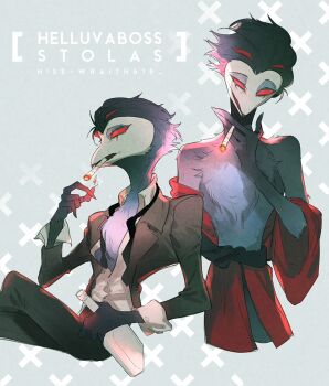 1boy beak bird_boy blitzo_(helluva_boss) demon_boy demon_horns extra_eyes grey_hair hellaverse helluva_boss highres horns male_focus multiple_boys owl_boy red_eyes red_robe robe smoking stolas_(helluva_boss) wraith615