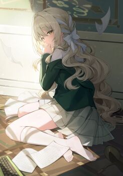 1girl absurdres black_jacket blonde_hair blue_archive bow brown_eyes commentary_request fallen_down flying_paper from_side full_body grey_skirt hair_bow hair_ribbon highres indoors jacket kneehighs layered_sleeves long_hair long_sleeves looking_at_viewer looking_to_the_side miyo_(blue_archive) no_shoes off_shoulder on_floor paper pleated_skirt ribbon salmonppang school_uniform shirt shoes sitting skirt sleeveless socks solo unworn_shoes wavy_hair white_background white_ribbon white_shirt white_socks