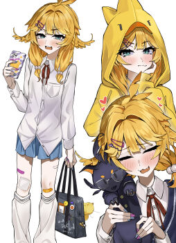 Rule 34 | 1girl, absurdres, aqua eyes, bandaid, bandaid on leg, black bag, blonde hair, blue nails, blue skirt, blue vest, doki amber doge (dokibird), dokibird, feet out of frame, hair ornament, hairclip, heart, highres, holding, holding phone, hood, hoodie, indie virtual youtuber, long hair, long sleeves, loose socks, mont pha, multiple views, phone, pink nails, shirt, simple background, skirt, socks, twintails, vest, virtual youtuber, white background, white shirt, white socks, yellow hoodie