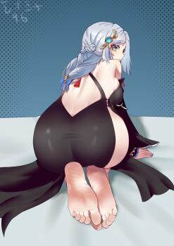 1girl absurdres barefoot feet genshin_impact green_eyes grey_hair highres long_hair looking_at_viewer looking_back shenhe_(genshin_impact) soles toes yishudouzi