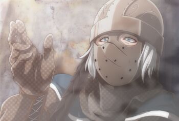 1boy blue_cape blue_eyes brown_gloves cape commentary_request creighton_of_mirrah dark_souls_(series) dark_souls_ii gloves grey_hair helmet male_focus mask masked short_hair solo suou_yuuchi textless_version upper_body