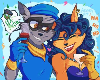 1boy 1girl anger_vein animal_ears artist_name assassyart bentley_(sly_cooper) blue_dress blue_gloves blue_hair blue_hat blue_shirt carmelita_fox character_name closed_eyes commentary confetti cup dress drinking_glass english_commentary english_text fangs fox_ears fox_girl furry furry_female furry_male gloves grey_fur grin hat heart highres holding holding_cup laughing looking_at_another masked open_mouth orange_fur raccoon_boy raccoon_ears shirt sly_cooper sly_cooper_(series) smile speech_bubble spoken_character wavy_hair wine_glass yellow_gloves