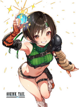 1girl armor armpits artist_name black_hair breasts brown_eyes commentary_request crop_top cropped_sweater final_fantasy final_fantasy_vii fingerless_gloves forehead_protector gloves green_headband green_sweater headband kink_(tortoiseshell) leg_warmers looking_at_viewer materia midriff navel orange_gloves pauldrons shoes short_hair shorts shoulder_armor single_pauldron single_shoulder_pad skindentation sleeveless sleeveless_turtleneck small_breasts smile sweater thigh_strap turtleneck yuffie_kisaragi