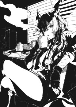 1girl absurdres arknights ch&#039;en_(arknights) commentary_request crossed_legs cup dragon_girl dragon_horns feet_out_of_frame fingerless_gloves gloves greyscale highres holding holding_cup horns indoors jixing kettle long_hair looking_at_viewer miniskirt monochrome paper parted_lips shin_guards shirt shorts sitting skirt smoke solo thighs