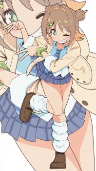 1girl bambi2000line blue_necktie blue_skirt brown_hair brown_shoes child colored_inner_hair commentary diamond-shaped_pupils diamond_(shape) double_bun double_v full_body green_eyes green_scrunchie grin gyaru hair_bun hair_intakes hair_ornament hairclip highres jacket kneehighs kogal light_blush loafers looking_at_viewer loose_socks miniskirt multicolored_hair necktie oka_asahi one_eye_closed onii-chan_wa_oshimai! open_clothes open_jacket orange_hair pleated_skirt scrunchie shirt shoes short_hair simple_background skirt smile socks solo standing standing_on_one_leg striped_clothes striped_necktie symbol-shaped_pupils two-tone_hair untucked_shirt v white_background white_shirt white_socks wrist_scrunchie x_hair_ornament yellow_jacket zoom_layer