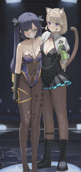 2girls absurdres animal_ear_fluff animal_ears bare_shoulders black_boots black_gloves black_leotard boots breasts brown_hair brown_pantyhose cat_ears cat_girl cat_tail cleavage dolri facial_tattoo full_body genshin_impact gloves green_eyes highres lace-up_boots leotard long_hair looking_at_another looking_at_viewer lynette_(genshin_impact) mask medium_breasts mona_(genshin_impact) mouth_mask multiple_girls oxygen_mask pantyhose purple_eyes purple_hair short_hair standing star_(symbol) star_tattoo tail tattoo twintails