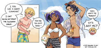 Rule 34 | > <, 1girl, 2boys, ball, beachball, black hair, black sarong, blonde hair, blue sky, chest hair, dexio (pokemon), effie lealand, gen 7 pokemon, hand on own hip, holding, holding ball, holding beachball, looking at viewer, lotion, male swimwear, multiple boys, navel, nintendo, open clothes, open shirt, outdoors, pokemon, pokemon xy, professor sycamore, purple hair, rowlet, sarong, sina (pokemon), sky, sparkle, sunburn, sunglasses, sunscreen, swim trunks, topless male