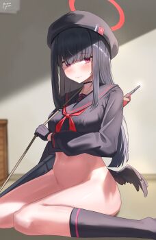 1girl absurdres beret black_gloves black_hair black_hat black_sailor_collar black_serafuku black_socks black_wings blue_archive blush breasts closed_mouth feathered_wings gloves halo hat highres justice_task_force_member_(blue_archive) long_hair long_sleeves low_wings medium_breasts neckerchief no_panties red_eyes red_halo red_neckerchief rottenpizza sailor_collar school_uniform serafuku signature socks solo wings