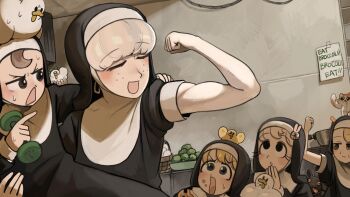 Rule 34 | 5girls, bird, black eyes, blonde hair, blue eyes, brown eyes, brown hair, bunny nun (diva), chicken, closed eyes, clumsy nun (diva), commentary, diva (hyxpk), duck, english commentary, eyelashes, freckles, froggy nun (diva), grey hair, hair ornament, highres, little nuns (diva), multiple girls, nun, rabbit hair ornament, sheep nun (diva), spicy nun (diva), traditional nun, triangle mouth, yellow eyes