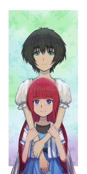 2girls aged_down aqua_eyes black_sash blue_dress blue_eyes blunt_bangs bob_cut bow child cropped_jacket dress highres hug hug_from_behind jacket long_hair menomorute multiple_girls puffy_short_sleeves puffy_sleeves red_hair sash science_adventure shiina_kagari shiina_mayuri short_hair short_sleeves smile steins;gate steins;gate_0 tareme very_long_hair waist_bow waist_sash white_jacket