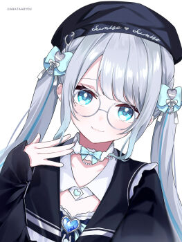 1girl :3 absurdres arata_ryou bead_choker beads beret black_hat black_shirt blue_bow blue_dress blue_eyes blue_streaks bow brooch choker closed_mouth collared_dress commentary_request dress dutch_angle glasses grey_hair hair_bow hand_up hat heart heart_brooch highres jewelry kaga_sumire kaga_sumire_(7th_costume) long_hair long_sleeves looking_at_viewer multicolored_hair outstretched_arm shirt simple_background sleeves_past_wrists smile solo streaked_hair swept_bangs twintails upper_body virtual_youtuber vspo! white_background white_choker