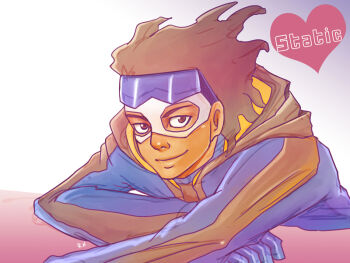 1boy black_hair blue_gloves brown_eyes character_name dark_skin dc_comics domino_mask dreadlocks eye_mask gloves goggles jacket male_focus mask smile solo static_(dc) static_shock virgil_ovid_hawkins