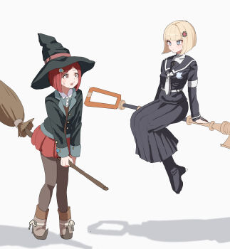 2girls absurdres black_hat black_sailor_collar black_skirt blonde_hair blue_eyes broom broom_riding brown_eyes brown_pantyhose creator_connection crossover danganronpa_(series) danganronpa_v3:_killing_harmony hair_ornament hat highres long_skirt looking_at_another multiple_girls oosuzuki_kurara pakimoti pantyhose red_hair red_skirt sailor_collar school_uniform shadow short_hair simple_background skirt sweatdrop the_hundred_line_-last_defense_academy- white_background witch_hat yumeno_himiko