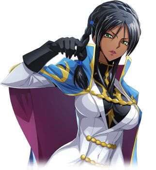 1girl artist_request asymmetrical_hair black_gloves black_hair black_shirt blue_cape braid breasts cape code_geass code_geass:_lost_stories covered_navel cropped_torso crown_braid dark-skinned_female dark_skin dorothea_ernst dutch_angle female_focus game_cg gloves green_eyes hair_tie hand_up high_collar jacket large_breasts lips lipstick long_hair long_sleeves looking_at_viewer makeup military_uniform non-web_source official_art parted_lips red_lips shirt sidelocks simple_background single_braid solo teeth transparent_background two-sided_cape two-sided_fabric upper_body v-shaped_eyebrows white_jacket