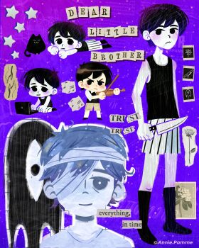 Rule 34 | 2boys, annie pomme, antenna hair, artist name, bandaged head, bandages, black eyes, black hair, black socks, black tank top, bow (music), bright pupils, cat, chibi, closed mouth, colored skin, commentary, computer, double-parted bangs, dual persona, english commentary, english text, eyepatch, hair between eyes, highres, holding, holding bow (music), holding instrument, holding knife, holding violin, instrument, knife, laptop, lying, medical eyepatch, mewo, multiple boys, musical note, omori, omori (omori), on stomach, short hair, shorts, smile, socks, something (omori), spoilers, striped clothes, striped shorts, sunny (hospital gown) (omori), sunny (omori), tank top, vertical-striped clothes, vertical-striped shorts, violin, white pupils, white shorts, white skin