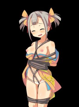 1girl ^_^ anime_coloring arms_behind_back bare_shoulders black_background blush bound bound_legs bow breasts closed_eyes collarbone cowboy_shot detached_sleeves embarrassed game_cg grey_hair hair_between_eyes hair_bow japanese_clothes kimono looking_at_viewer medium_breasts mizuha_(toraware_no_kami-sama) navel nipples no_pants obi open_clothes open_kimono open_mouth panties raised_inner_eyebrows rope sash shibari shibari_over_clothes short_hair short_kimono shoulder_blush simple_background sleeveless sleeveless_kimono solo standing tachi-e tachinori_buranko thighs toraware_no_kami-sama_to_tabi_no_shoujo twintails underwear variant_set white_panties wide_sleeves yellow_bow yellow_kimono yellow_sash