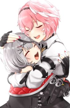 2girls absurdres black_gloves closed_eyes commentary_request fingerless_gloves fingernails gloves grey_hair hair_between_eyes hair_ornament head_wings highres hololive hug long_sleeves multiple_girls nail_polish open_mouth pink_hair pink_nails red_nails ringo_21_a sakamata_chloe sakamata_chloe_(1st_costume) shirt short_hair simple_background smile takane_lui takane_lui_(1st_costume) virtual_youtuber white_background white_shirt wings x_hair_ornament