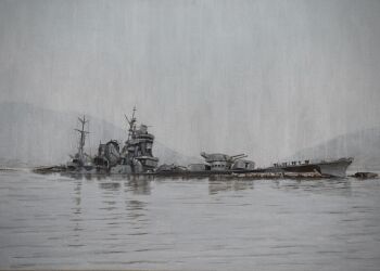 absurdres atelier_bono cannon cruiser highres imperial_japanese_navy military_vehicle ocean original painting_(medium) port ruins ship ship_turret shipwreck sky sun_glare tone_(heavy_cruiser) traditional_media warship watercolor_(medium) watercraft world_war_ii