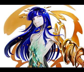 1other blue_eyes blue_hair closed_mouth completely_nude cracked_skin golden_arms heterochromia houseki_no_kuni letterboxed liquid looking_at_viewer nude other_focus phosphophyllite phosphophyllite_(gemstone) phosphophyllite_(ll) shards smirk solo spoilers tezo_(mokka_mk) upper_body white_background