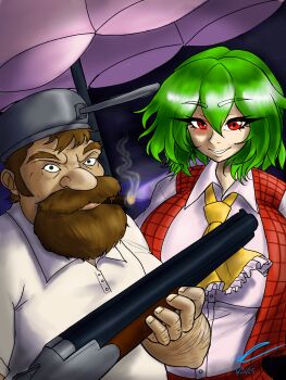 1boy 1girl absurdres aidan_(sakuyaenjoyer) ascot beard cigar commentary crazy_dave_(plants_vs._zombies) double-barreled_shotgun english_commentary facial_hair full_beard green_eyes green_hair gun highres kazami_yuuka object_on_head open_clothes open_vest parasol plaid_clothes plaid_skirt plaid_vest plants_vs._zombies red_eyes saucepan shotgun skirt skirt_set smoking thick_beard touhou umbrella vest weapon yellow_ascot