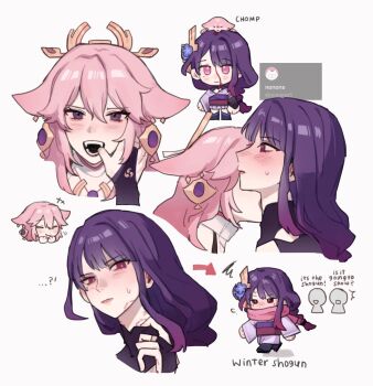 ...? 2girls animal animal_ears animal_on_head bite_mark bleeding blood blush bridal_gauntlets chibi closed_eyes closed_mouth finger_in_another's_mouth genshin_impact highres long_hair mole mole_under_eye multiple_girls nonons on_head open_mouth pink_hair purple_hair raiden_shogun scarf teeth yae_miko yae_miko_(fox) yuri